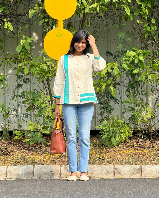 SWNCK Women's Turquoise Stripes Organic Cotton Top